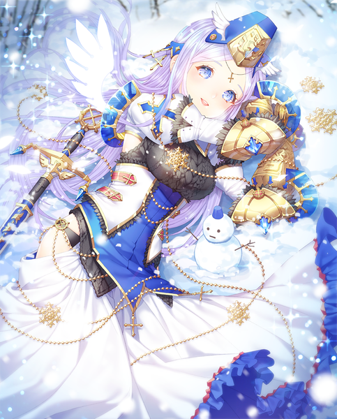 Anime picture 700x870 with original saban single long hair tall image looking at viewer open mouth blue eyes white hair lying sparkle on side snowing winter girl dress weapon sword wings snowflake (snowflakes)