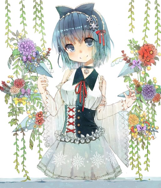 Anime picture 3000x3499 with touhou cirno acidear single tall image looking at viewer blush highres short hair blue eyes smile white background blue hair underbust girl dress flower (flowers) ribbon (ribbons) choker water