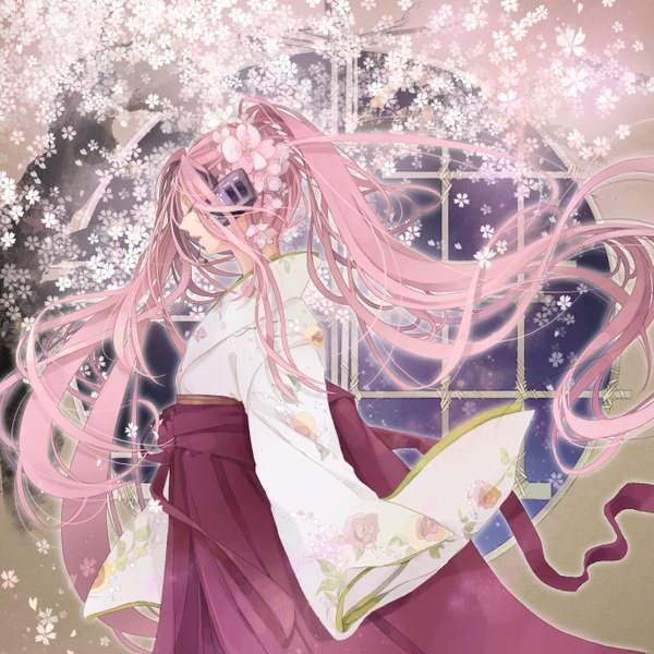 Anime picture 1371x1371 with vocaloid hatsune miku sakura miku yukinokoe single long hair standing twintails pink hair eyes closed traditional clothes japanese clothes profile wind cherry blossoms pink background girl flower (flowers) plant (plants) tree (trees)