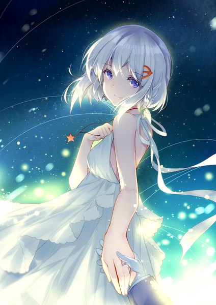 Anime picture 800x1131 with warship girls r sovetsky soyuz (warship girls r) bison cangshu tall image looking at viewer fringe short hair smile hair between eyes purple eyes bare shoulders white hair braid (braids) wind night sparkle night sky holding hands solo focus side braid