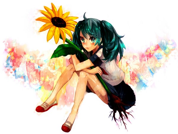 Anime picture 1024x768 with vocaloid hatsune miku white background aqua eyes aqua hair girl flower (flowers) sunflower