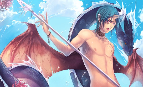 Anime picture 1300x789 with original yaichino (artist) single short hair open mouth wide image cloud (clouds) pink eyes horn (horns) pointy ears tattoo facial mark topless face paint boy weapon animal wings dragon spear