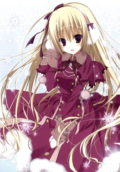 Anime picture 2446x3500 with inugami kira single long hair tall image looking at viewer highres blonde hair purple eyes twintails scan girl dress ribbon (ribbons) hair ribbon hairband snowflake (snowflakes) earmuffs