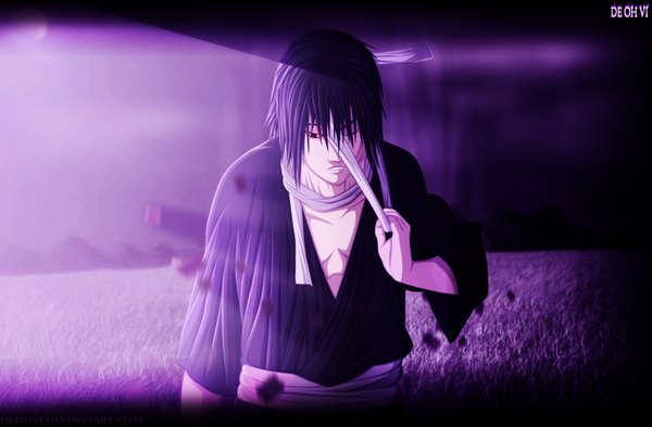 Anime picture 3890x2550 with naruto studio pierrot naruto (series) uchiha sasuke deohvi single highres short hair black hair looking away absurdres traditional clothes one eye closed wink black eyes coloring dark background boy bandage (bandages)