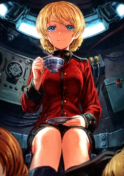 Anime picture 724x1023 with girls und panzer darjeeling (girls und panzer) lain (rinlain) tall image looking at viewer fringe blue eyes blonde hair smile brown hair sitting multiple girls holding long sleeves from below solo focus knees touching military girl skirt