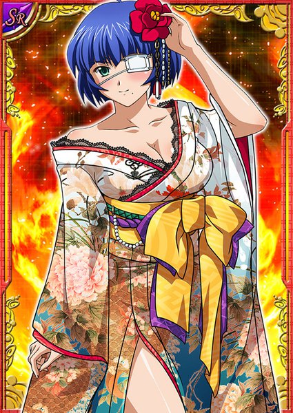 Anime picture 567x800 with ikkitousen ryomou shimei single tall image looking at viewer blush fringe short hair breasts light erotic large breasts green eyes blue hair ahoge traditional clothes japanese clothes hair flower off shoulder mole wide sleeves
