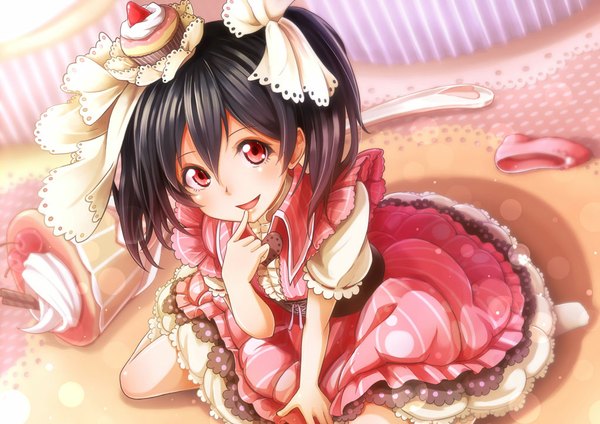 Anime picture 1023x723 with love live! school idol project sunrise (studio) love live! yazawa nico dararito single long hair looking at viewer open mouth black hair smile red eyes twintails finger to mouth girl dress bow hair bow frills