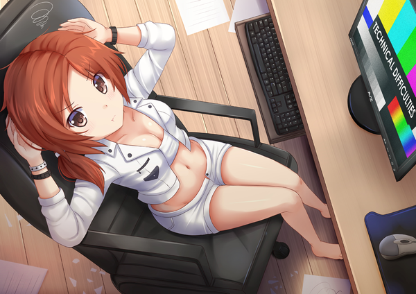 Anime picture 1336x945 with original kazenokaze single long hair looking at viewer breasts light erotic sitting brown eyes cleavage barefoot from above orange hair open jacket bare legs legs looking up open shorts girl navel