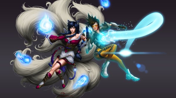Anime picture 2560x1440 with league of legends overwatch blizzard entertainment ahri (league of legends) tracer (overwatch) kkr222 (artist) long hair looking at viewer highres short hair breasts black hair wide image multiple girls animal ears yellow eyes blue hair cleavage tail animal tail