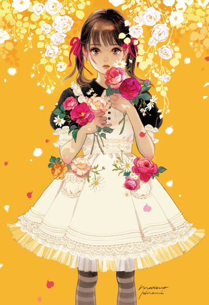Anime picture 2153x3140 with original matsuo hiromi single tall image looking at viewer fringe highres short hair brown hair standing twintails brown eyes signed blunt bangs puffy sleeves short twintails yellow background girl dress flower (flowers)
