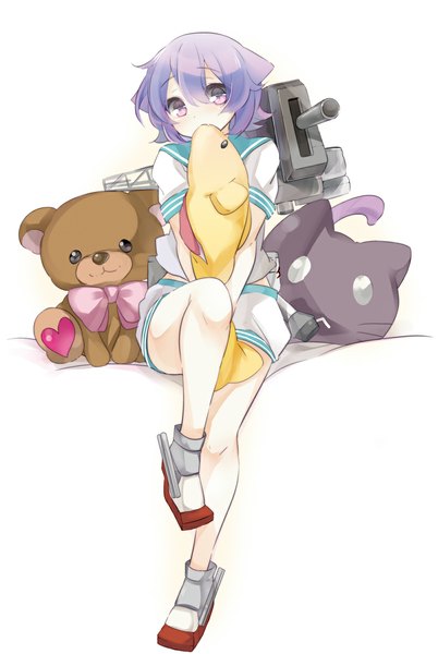 Anime picture 793x1183 with kantai collection tama light cruiser haruna mahiru (artist) single tall image looking at viewer fringe short hair simple background white background sitting purple eyes purple hair bare legs short sleeves girl bow weapon animal necktie