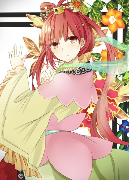 Anime picture 715x1000 with magi the labyrinth of magic a-1 pictures ren kougyoku monica (pixiv) single long hair tall image fringe red eyes red hair looking back wide sleeves girl dress hair ornament flower (flowers) plant (plants)