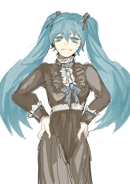 Anime picture 638x901 with vocaloid hatsune miku riy single long hair tall image looking at viewer simple background smile white background twintails aqua eyes aqua hair hands on hips girl dress ribbon (ribbons) hair ribbon black dress