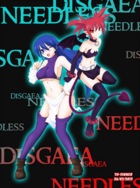 Anime picture 800x1069 with disgaea needless madhouse etna (disgaea) eve neuschwanstein the-sinner long hair tall image blush short hair open mouth light erotic smile red eyes purple eyes multiple girls blue hair red hair tail one eye closed