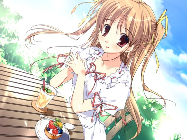 Anime picture 1600x1200 with original pink chuchu (artbook) mikeou long hair blush blonde hair red eyes sitting twintails sky sunlight girl dress ribbon (ribbons) hair ribbon food white dress sweets tongue table