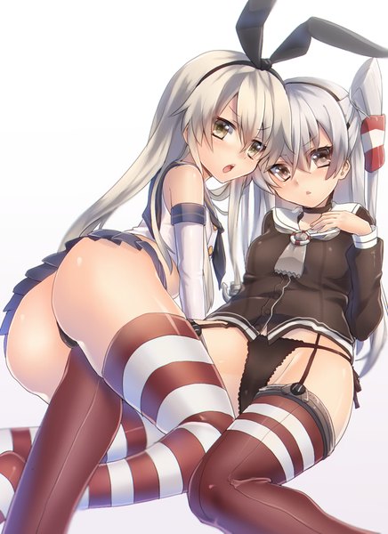 Anime picture 700x963 with kantai collection shimakaze destroyer amatsukaze destroyer keita (tundereyuina) long hair tall image open mouth light erotic simple background white background multiple girls brown eyes yellow eyes white hair pleated skirt looking back two side up kneeling girl thighhighs