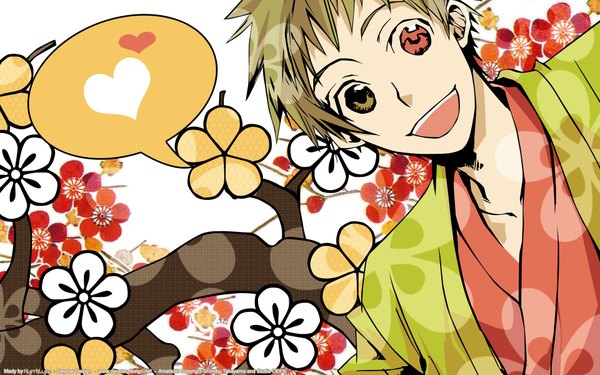 Anime picture 1920x1200 with amatsuki rikugou tokidoki single highres short hair open mouth brown hair wide image japanese clothes heterochromia happy boy flower (flowers) heart branch
