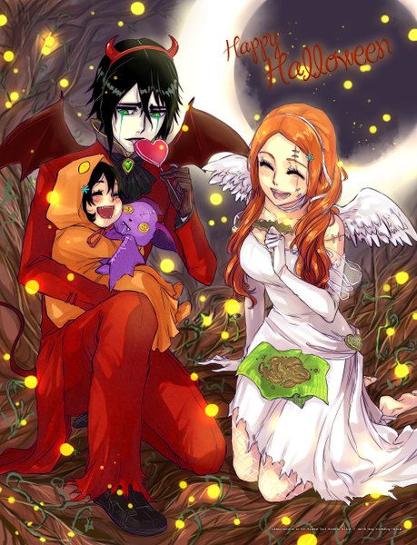 Anime picture 1000x1308 with bleach studio pierrot inoue orihime ulquiorra schiffer rusky long hair tall image blush short hair open mouth black hair smile bare shoulders green eyes signed eyes closed horn (horns) orange hair halloween angel wings