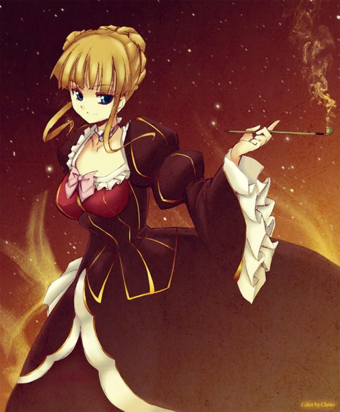 Anime picture 1200x1451 with umineko no naku koro ni beatrice lchrno single tall image short hair blue eyes blonde hair smile looking away girl dress pipe kiseru