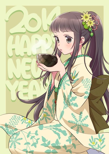 Anime picture 2893x4092 with original morikura en single tall image blush fringe highres black hair sitting ponytail traditional clothes parted lips japanese clothes black eyes framed new year steam happy new year 2014 girl