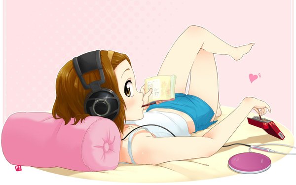 Anime picture 1680x1050 with k-on! kyoto animation tainaka ritsu blush short hair simple background brown hair wide image brown eyes lying barefoot girl shorts sweets headphones pillow pocky