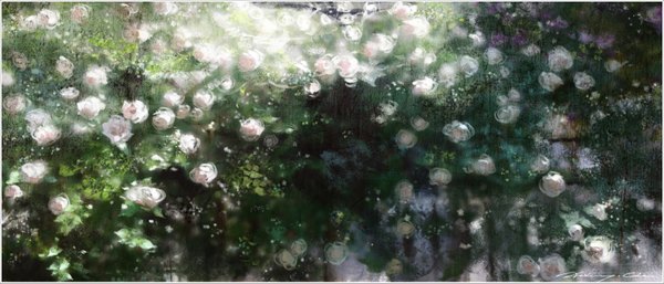 Anime picture 1608x689 with xiling (rohmer) wide image signed no people landscape flower (flowers) plant (plants) leaf (leaves) grass