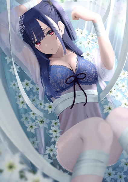 Anime picture 2894x4093 with original inaka 44 single long hair tall image looking at viewer fringe highres breasts light erotic black hair red eyes bent knee (knees) lying parted lips from above blurry arms up on back one side up