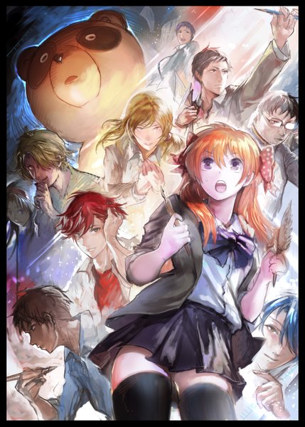 Anime picture 1290x1804 with gekkan shoujo nozaki-kun doga kobo sakura chiyo nozaki umetarou mikoshiba mikoto kashima yuu seo yuzuki hori masayuki wakamatsu hirotaka miyako yukari miyamae ken maeno mitsuya hikaru (miraclehikaru) long hair tall image looking at viewer open mouth black hair blonde hair brown hair