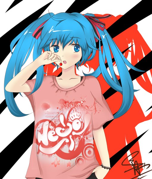 Anime picture 2300x2700 with vocaloid hatsune miku liuli (llc) single long hair tall image highres open mouth blue eyes twintails blue hair eating hand in pocket clothes writing girl ribbon (ribbons) hair ribbon food t-shirt berry (berries)