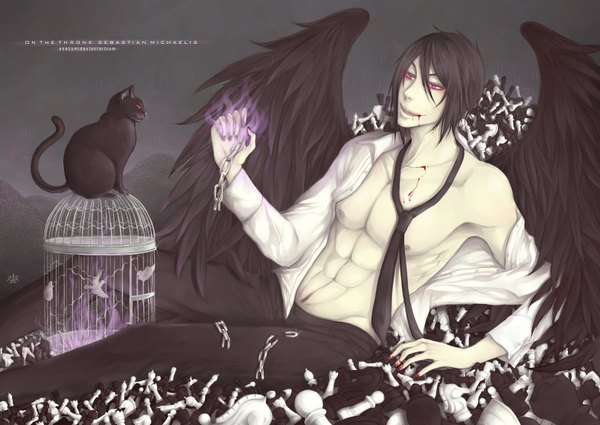 Anime picture 1612x1144 with kuroshitsuji a-1 pictures sebastian michaelis short hair open mouth black hair red eyes looking away nail polish inscription muscle black wings butler boy animal necktie blood chain cat chess