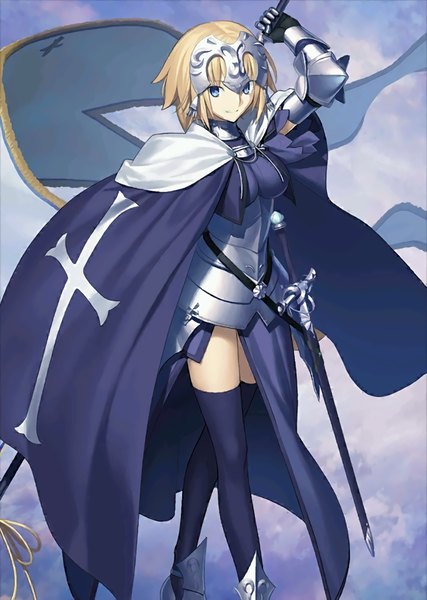 Anime picture 819x1152 with fate (series) fate/apocrypha type-moon jeanne d'arc (fate) (all) jeanne d'arc (fate) takeuchi takashi single long hair tall image looking at viewer fringe breasts blue eyes blonde hair smile standing holding cloud (clouds) zettai ryouiki sheathed