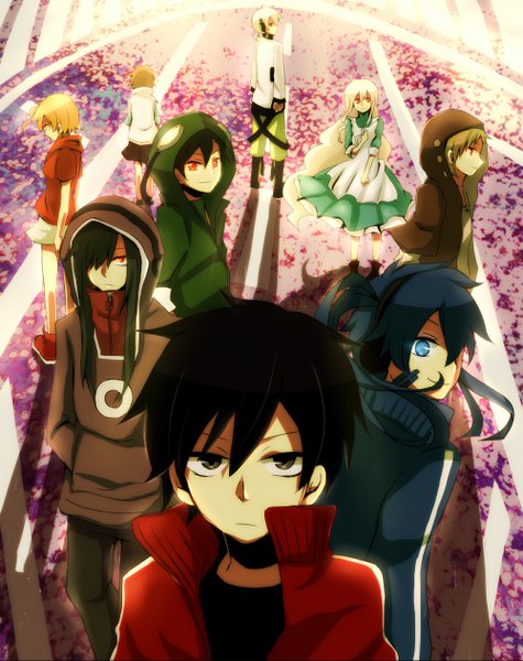 Anime picture 1000x1263 with kagerou project shaft (studio) mary (kagerou project) ene (kagerou project) kido tsubomi kano shuuya seto kousuke tall image looking at viewer short hair blue eyes black hair blonde hair smile red eyes brown hair twintails multiple girls looking back from behind