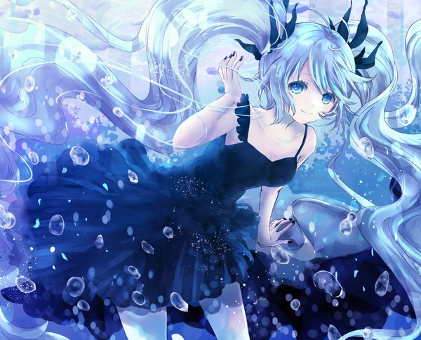 Anime picture 1840x1485 with vocaloid shinkai shoujo (vocaloid) hatsune miku alicetype single looking at viewer fringe highres smile twintails very long hair nail polish aqua eyes fingernails aqua hair underwater girl dress black dress bubble (bubbles)