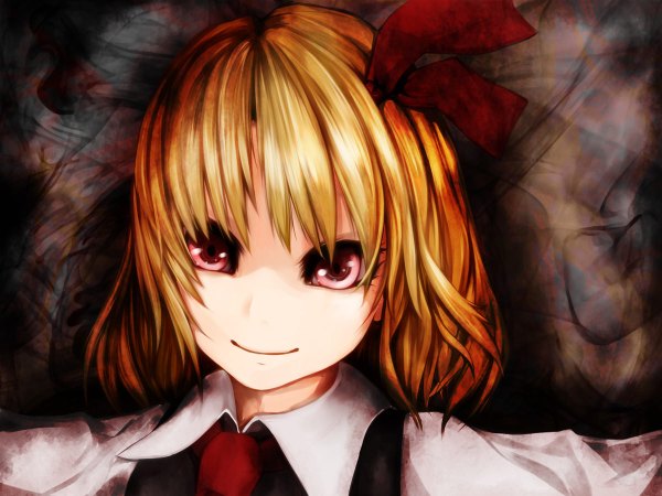 Anime picture 1200x900 with touhou rumia single looking at viewer short hair blonde hair red eyes light smile girl ribbon (ribbons) hair ribbon