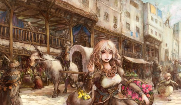Anime picture 1275x741 with toritoritottori long hair blonde hair smile red eyes wide image white hair curly hair riding girl dress flower (flowers) animal building (buildings) basket market wagon