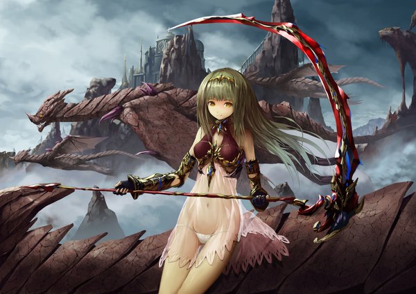 Anime picture 1754x1240 with original pixiv fantasia pixiv fantasia fallen kings solru (tyappygain) single long hair looking at viewer blush highres light erotic smile sitting bare shoulders yellow eyes sky silver hair cloud (clouds) fantasy revision girl