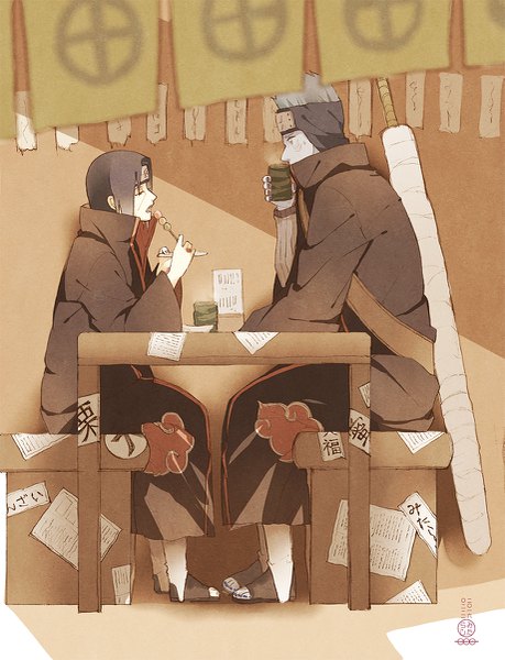 Anime picture 919x1200 with naruto studio pierrot naruto (series) uchiha itachi hoshigaki kisame mitarashi0111 tall image looking at viewer short hair open mouth black hair sitting holding signed blue hair nail polish wide sleeves hieroglyph eating open collar