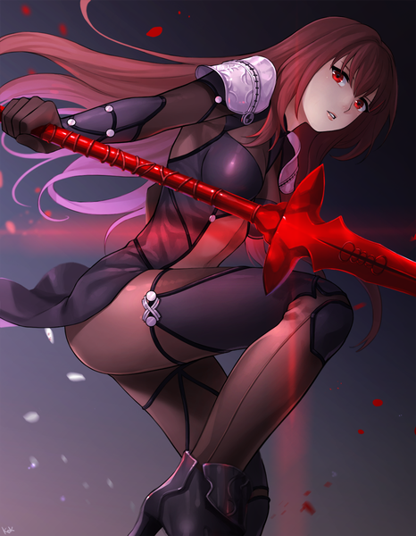 Anime picture 1000x1286 with fate (series) fate/grand order type-moon scathach (fate) (all) scathach (fate) kkkok a single long hair tall image looking at viewer blush fringe light erotic red eyes holding bent knee (knees) red hair parted lips lips from below
