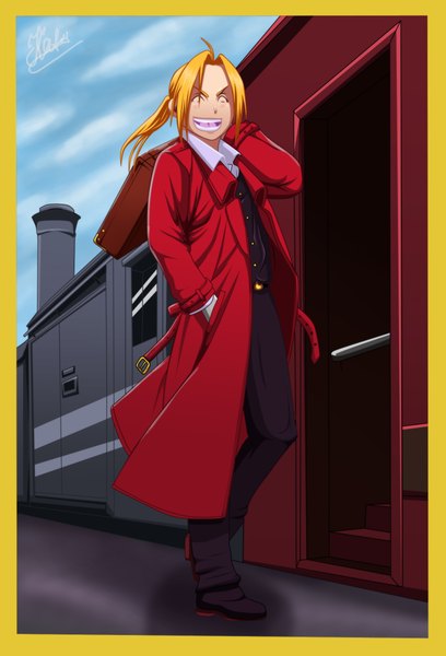 Anime picture 1540x2264 with fullmetal alchemist fullmetal alchemist brotherhood studio bones edward elric aconst single tall image blush short hair open mouth blonde hair smile sky cloud (clouds) ponytail eyes closed coloring framed hand in pocket boy