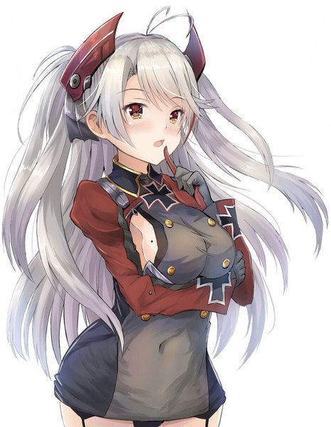 Anime picture 944x1216 with azur lane prinz eugen (azur lane) staryume single long hair tall image blush fringe breasts open mouth light erotic simple background hair between eyes large breasts standing white background brown eyes looking away silver hair upper body