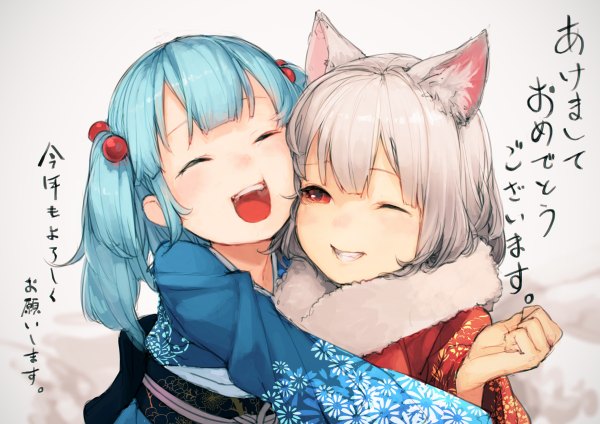 Anime picture 1200x848 with touhou inubashiri momiji kawashiro nitori junwool long hair short hair open mouth red eyes twintails multiple girls animal ears traditional clothes japanese clothes one eye closed grey hair wink aqua hair hug floral print hieroglyph