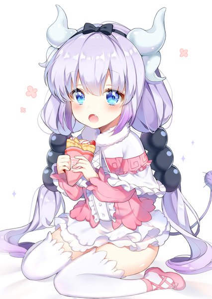 Anime picture 1160x1634 with kobayashi-san chi no maidragon kyoto animation kanna kamui pingo single tall image open mouth blue eyes light erotic white background sitting twintails purple hair full body tail very long hair horn (horns) fang (fangs) low twintails wariza