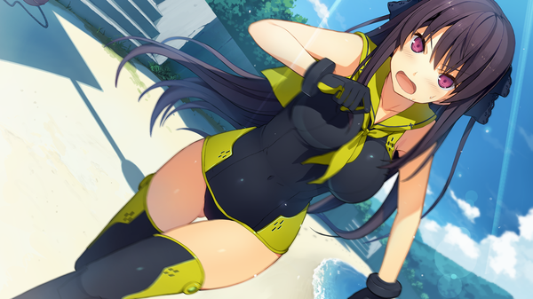Anime picture 1280x720 with ao no kanata no four rhythm sprite (company) tobisawa misaki akinashi yuu single long hair looking at viewer blush fringe breasts open mouth light erotic black hair wide image large breasts purple eyes game cg sky cloud (clouds) outdoors
