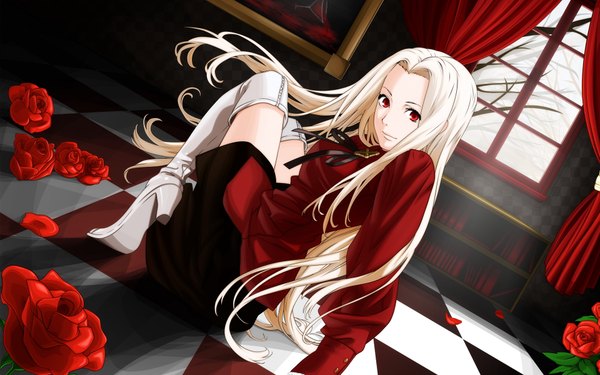 Anime picture 1920x1200 with fate (series) fate/stay night studio deen type-moon irisviel von einzbern kozaki yusuke long hair highres wide image white hair checkered floor girl flower (flowers) window rose (roses) thigh boots red rose