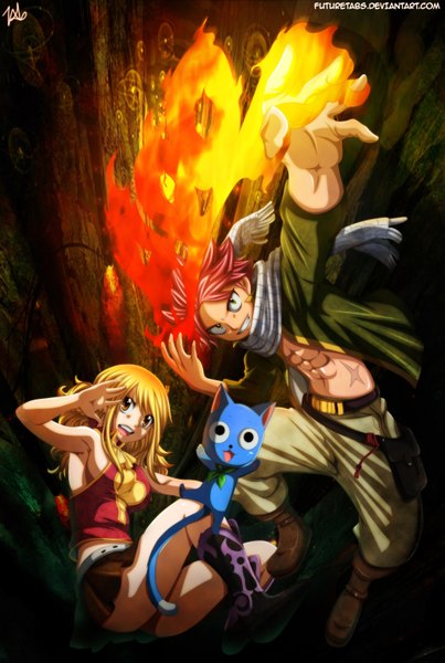 Anime picture 4500x6701 with fairy tail lucy heartfilia natsu dragneel happy (fairy tail) futuretabs long hair tall image highres short hair breasts open mouth blonde hair smile large breasts brown eyes green eyes pink hair absurdres pleated skirt black eyes