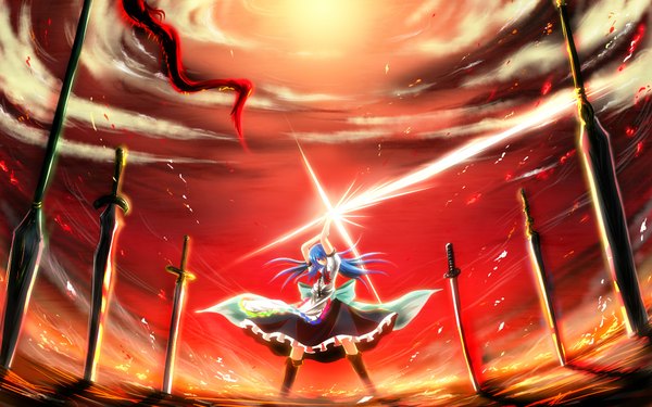 Anime picture 1920x1200 with touhou hinanawi tenshi nekominase single long hair highres red eyes wide image blue hair cloud (clouds) arm grab girl dress weapon sword boots katana blouse spear polearm