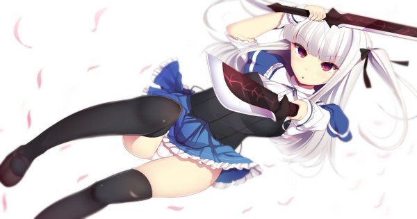 Anime picture 1500x789 with absolute duo 8bit yurie sigtuna daiaru single long hair looking at viewer light erotic red eyes wide image white background white hair two side up pantyshot girl thighhighs uniform underwear panties weapon