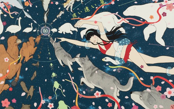 Anime picture 1274x802 with original yumiko kayukawa long hair black hair space running swimming girl flower (flowers) swimsuit animal petals bird (birds) star (stars) swim ring wolf reptile frog squirrel dolphin