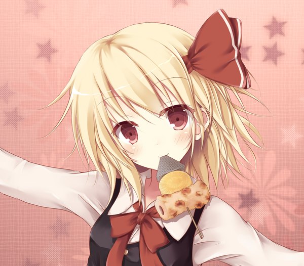 Anime picture 1140x1000 with touhou rumia hachisume shi (artist) single looking at viewer blush short hair simple background blonde hair red eyes holding upper body head tilt mouth hold food in mouth girl bow hair bow food star (symbol)