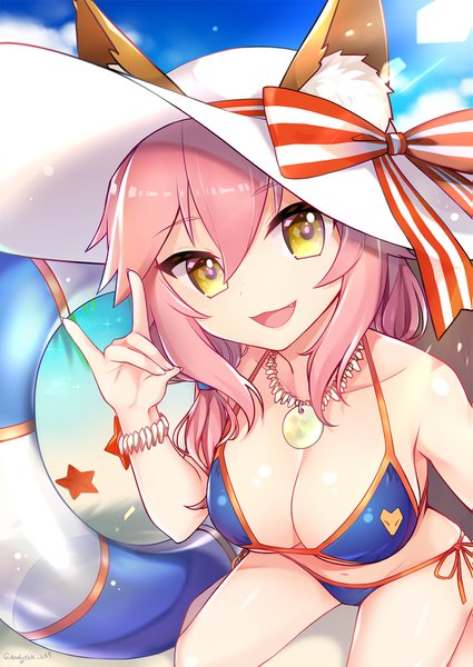 Anime picture 1063x1501 with fate (series) fate/grand order fate/extra tamamo (fate) (all) tamamo no mae (swimsuit lancer) (fate) garcon meteor single long hair tall image looking at viewer fringe breasts open mouth light erotic smile hair between eyes large breasts sitting bare shoulders animal ears